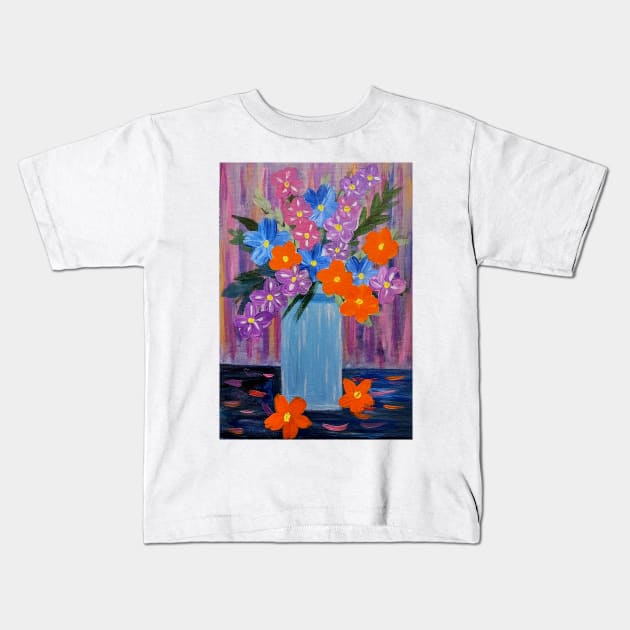 A beautiful bouquet of mixed flowers in a tall vase Kids T-Shirt by kkartwork